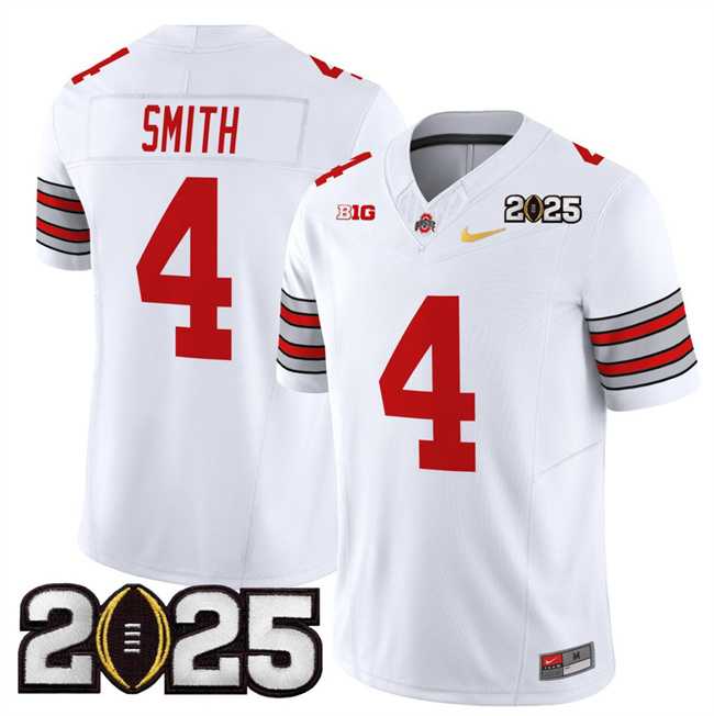 Mens Ohio State Buckeyes #4 Jeremiah Smith White Gold 2025 CFP Final Patch F.U.S.E. Vapor Limited Stitched Football Jersey->ohio state buckeyes->NCAA Jersey